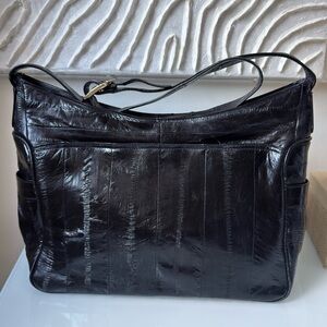 Vintage Genuine Eel Skin Black Shoulder Bag 1970s Korean Made Slouchy Hobo 80s